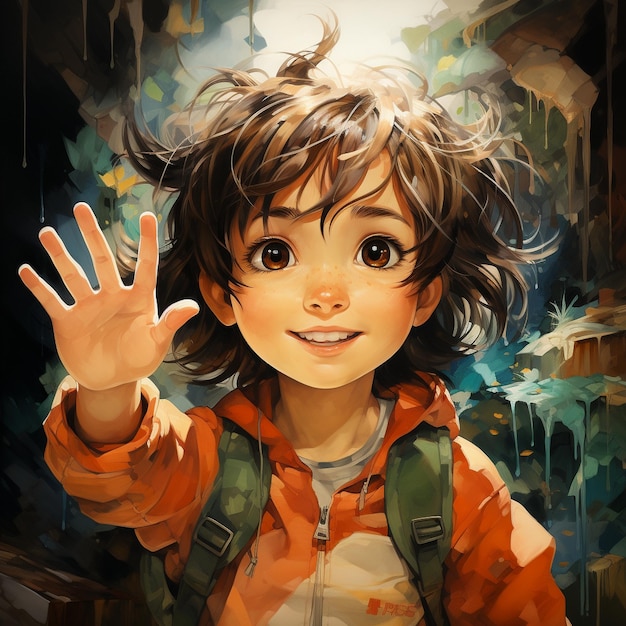 a painting of a girl waving with her hand