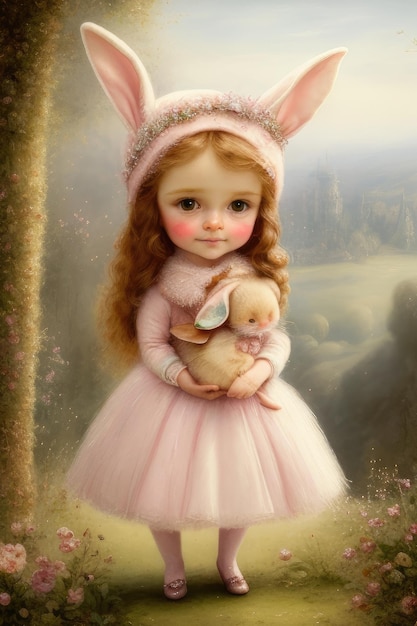 A painting of a girl wearing a bunny ears