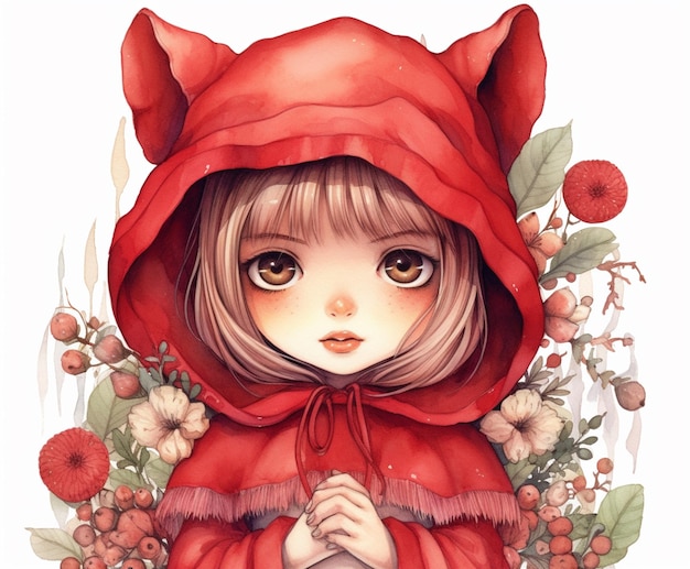 A painting of a girl wearing a red hood with a cat on it.