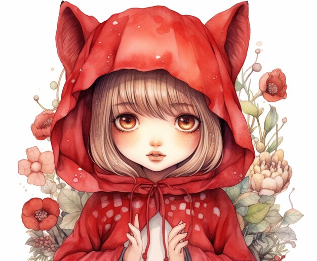 A painting of a girl wearing a red hood with a flower pattern on it.