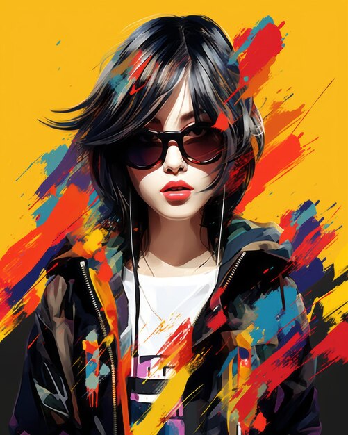 A painting of a girl wearing sunglasses and a jacket