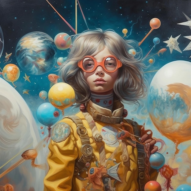 A painting of a girl wearing a yellow suit and orange glasses with planets in the background.