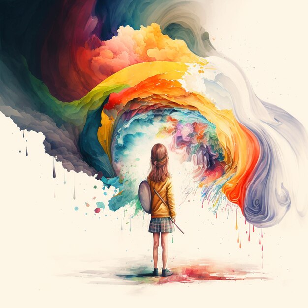 painting of a girl with a backpack looking at a rainbow swirl generative ai