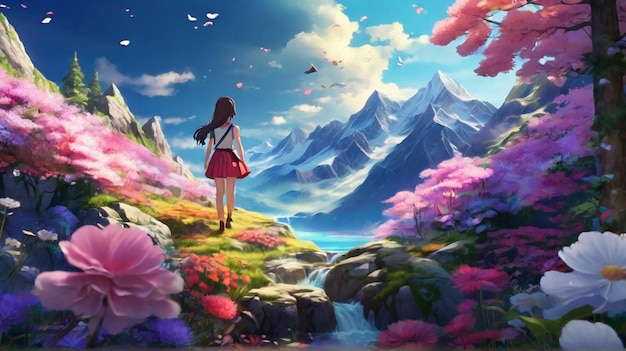 Photo a painting of a girl with a backpack and a mountain in the background