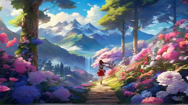 Photo a painting of a girl with a backpack and a mountain in the background