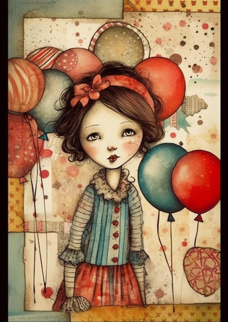 A painting of a girl with balloons on it.