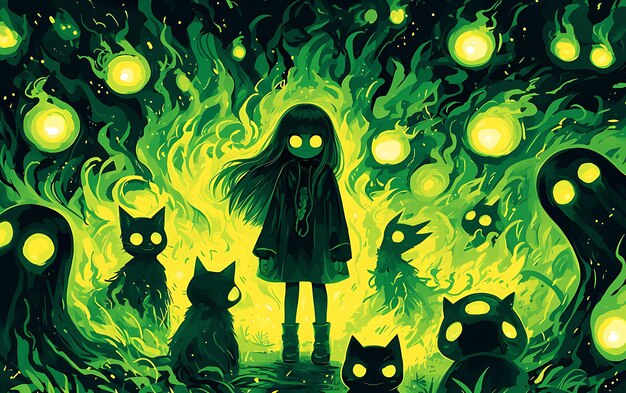 Photo a painting of a girl with black cats and a green background with a black cat and yellow glow