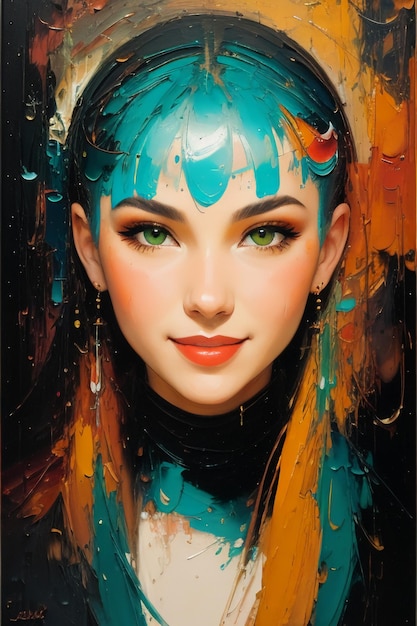 A painting of a girl with blue eyes and green eyes