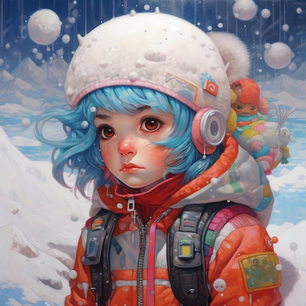 Painting of a girl with blue hair wearing a snow suit and a backpack generative ai