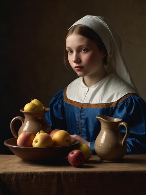 Photo a painting of a girl with a bowl of fruit and a bowl of fruit