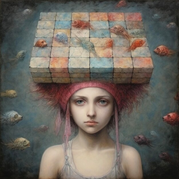 Premium AI Image A painting of a girl with a box on her head