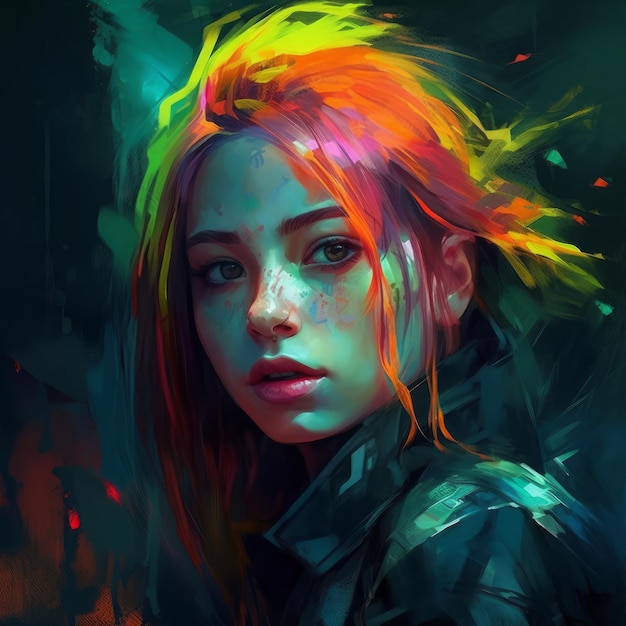 A painting of a girl with bright orange hair and a black jacket.