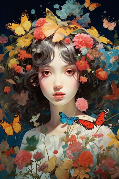 蝶と花をかぶった女の子の絵 