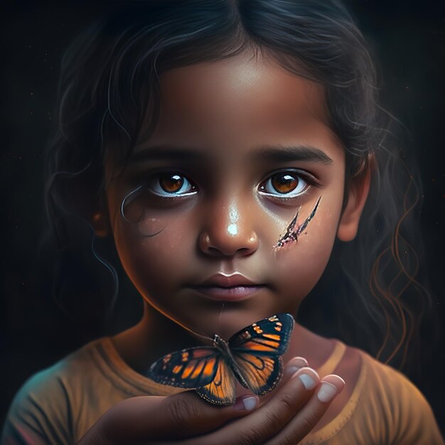 A painting of a girl with a butterfly on her face