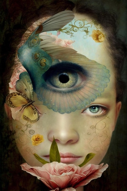 Картина девушки с бабочкой на голове
