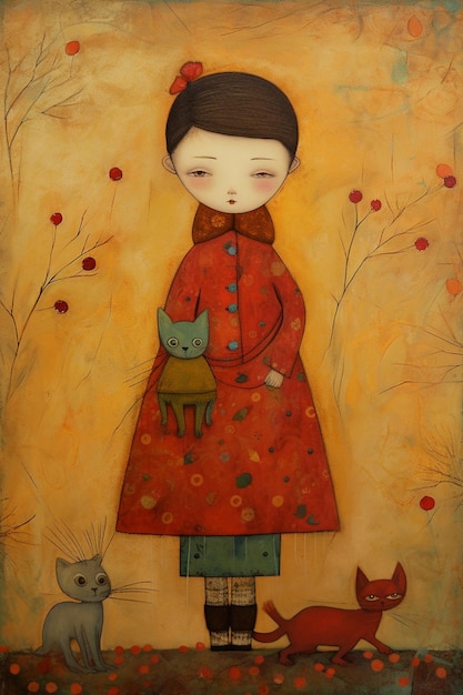 A painting of a girl with a cat and a cat