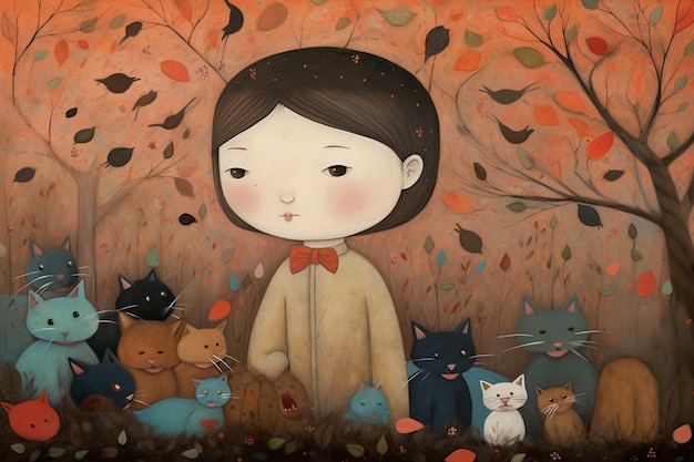 A painting of a girl with cats in the background