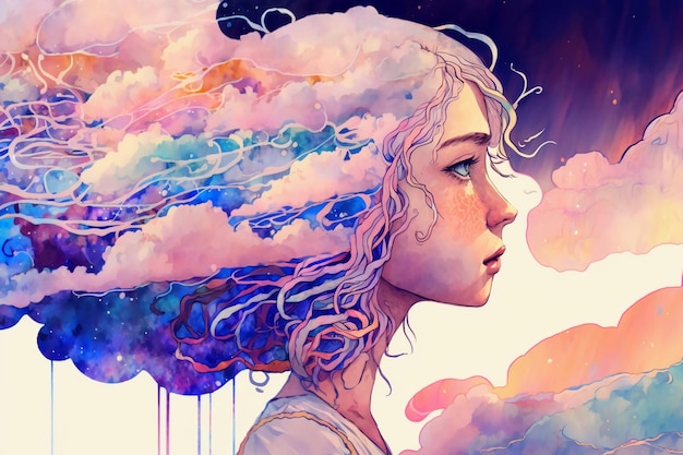 A painting of a girl with clouds in her hair