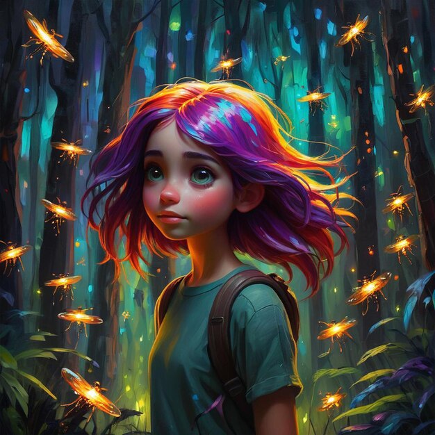 A painting of a girl with colorful hair and a backpack