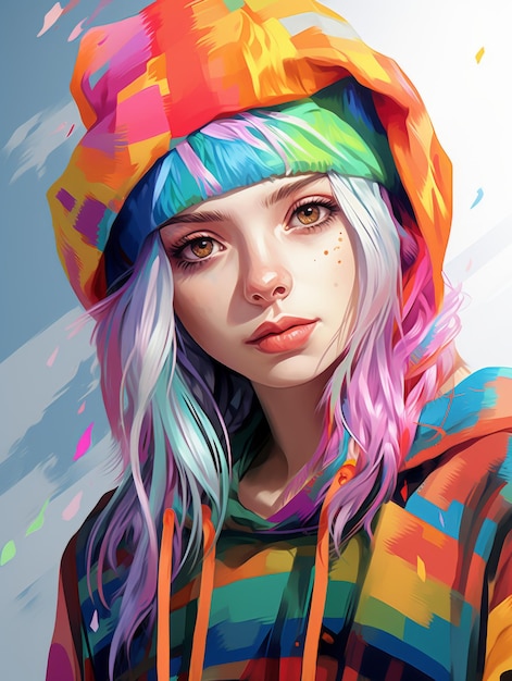 a painting of a girl with colorful hair and a colorful hat