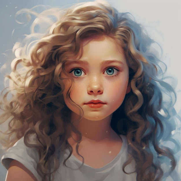 Painting of a girl with curly hair and blue eyes generative ai