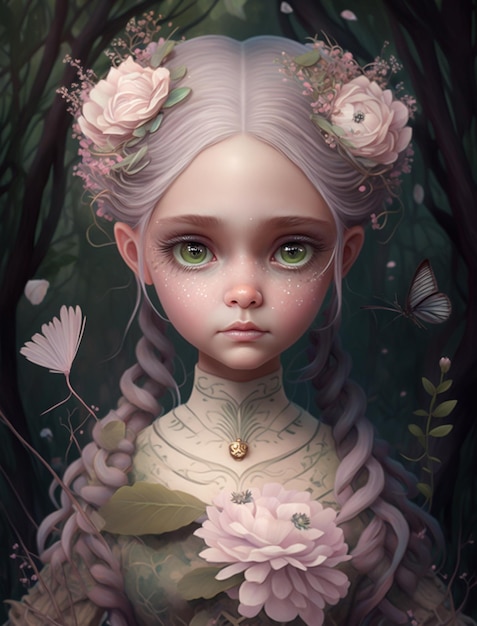 painting of a girl with flowers in her hair and a butterfly generative ai