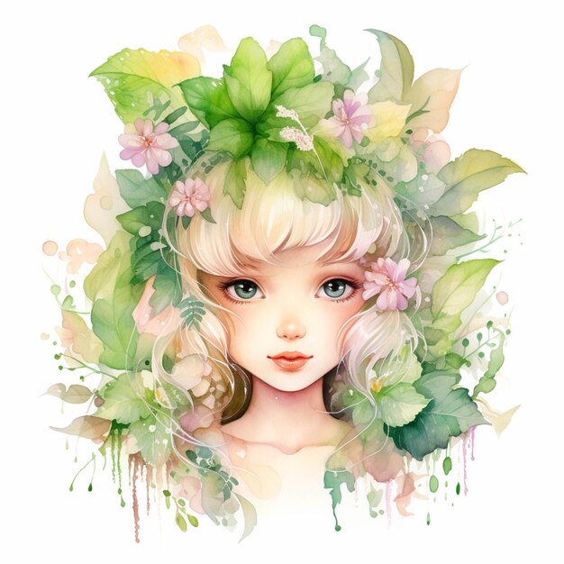 Painting of a girl with flowers and leaves in her hair generative ai