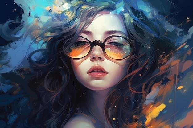 A painting of a girl with glasses and a blue background.