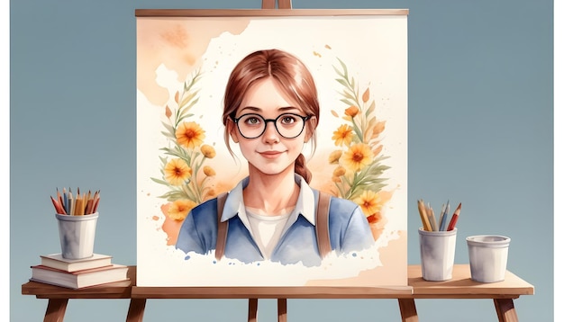 a painting of a girl with glasses