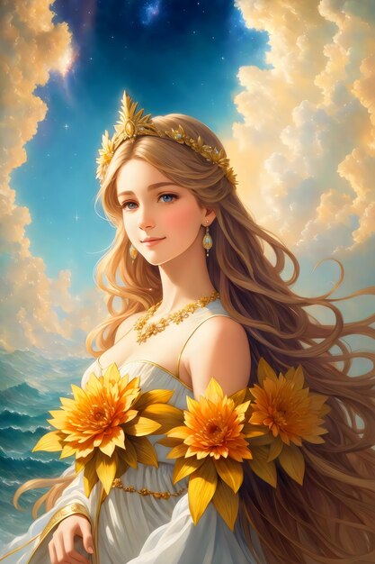 A painting of a girl with golden flowers on her head