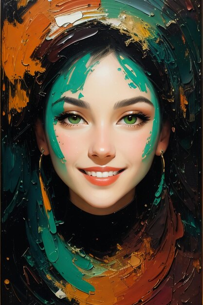 A painting of a girl with green eyes and a black top with a green and orange paint on her face