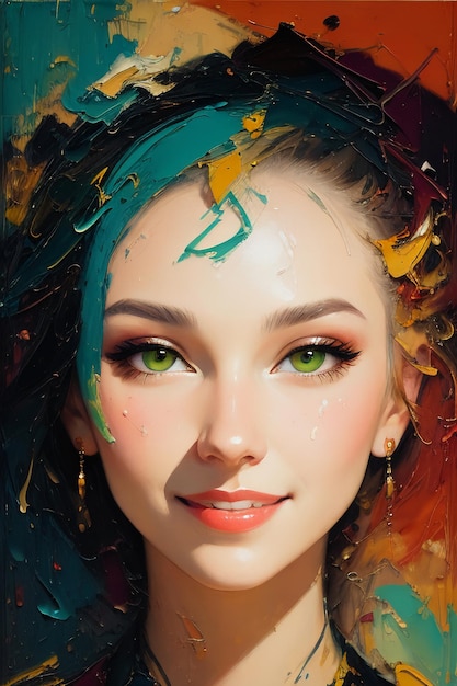 A painting of a girl with green eyes and a blue eye