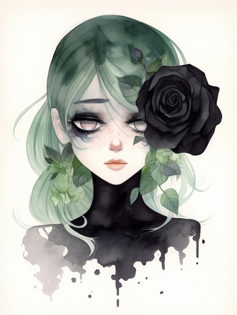 A painting of a girl with green hair and a black flower on her head.
