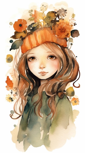 Картина девушки в шляпе и цветах на голове генеративный ai