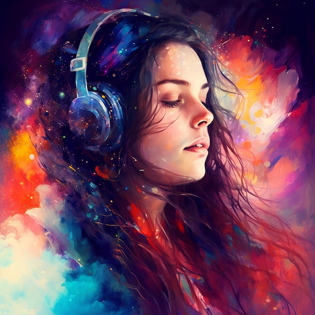 A painting of a girl with headphones on and the word music on it.