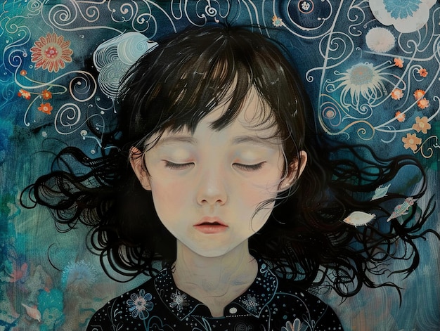 a painting of a girl with her eyes closed
