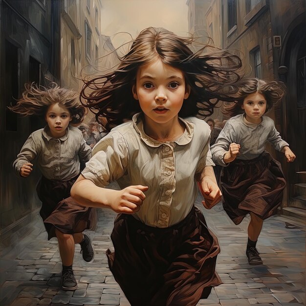 Photo a painting of a girl with her hair blowing in the wind