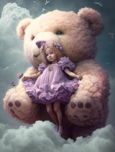 A painting of a girl with a large teddy bear on her shoulders.