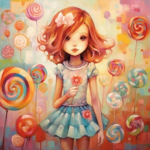 painting of a girl with a lollipop in a field of lollipops generative ai