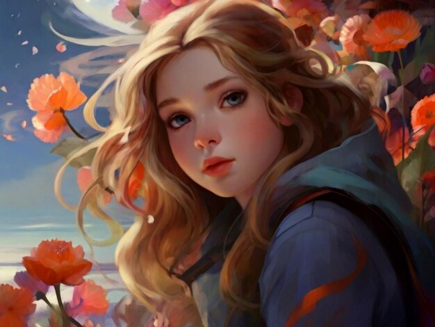 a painting of a girl with long hair and a blue jacket with a flower in the foreground