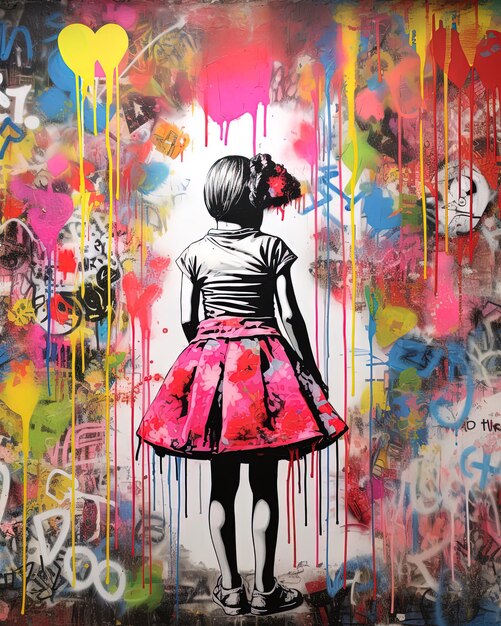 a painting of a girl with a pink dress and a red skirt is shown with the word  i love  on it