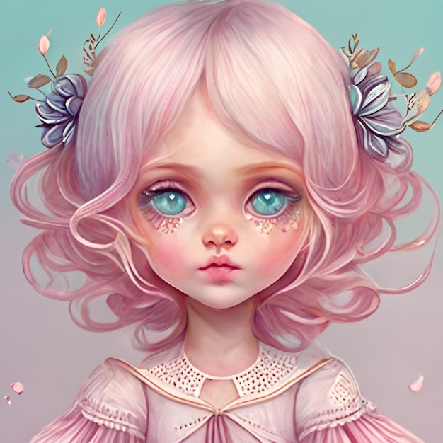 Картина девушки с розовыми волосами и голубыми глазами с цветами в волосах
