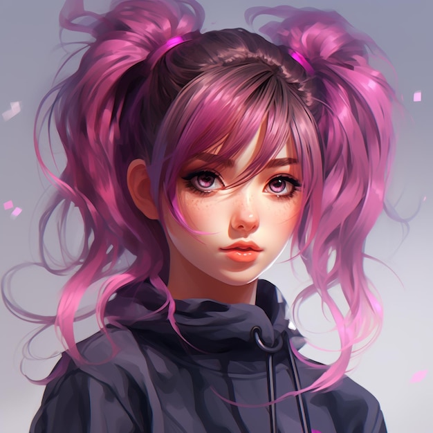 a painting of a girl with pink hair