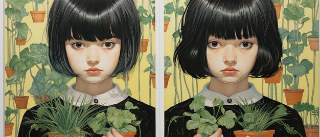 Photo a painting of a girl with a plant in her hands