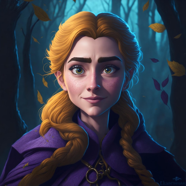 a painting of a girl with a purple cape and a purple cloak.