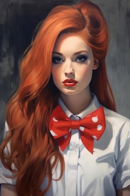 A painting of a girl with red hair and a bow tie.