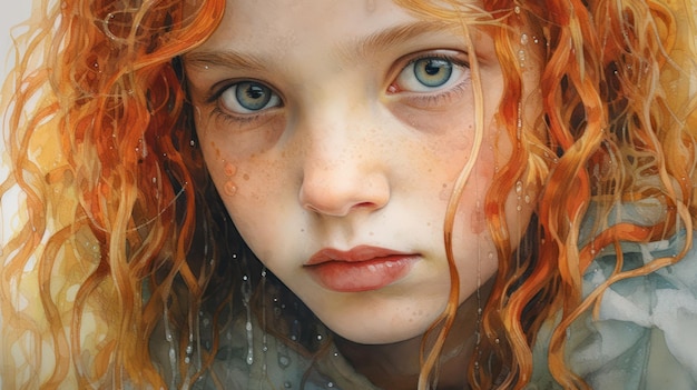 A painting of a girl with red hair and freckles