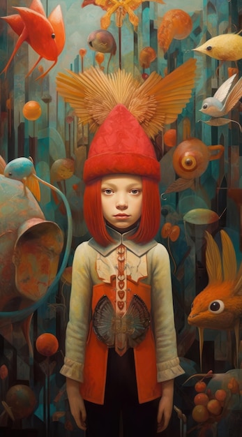 A painting of a girl with a red hat and a fish on it.