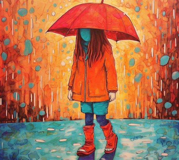 A painting of a girl with an umbrella in the rain.