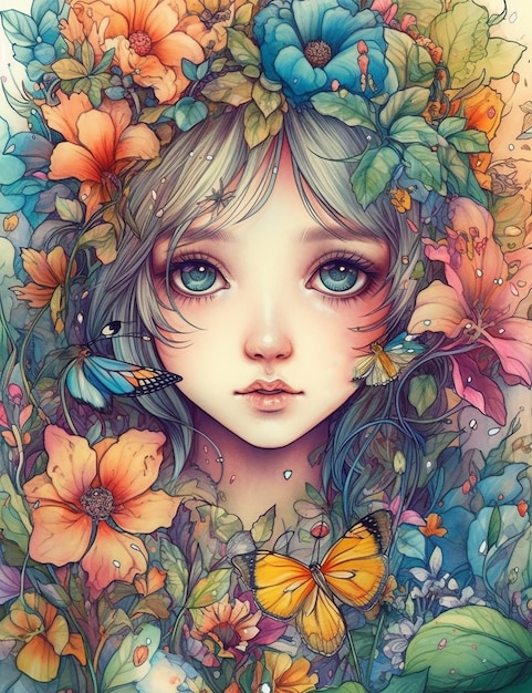 A painting of a girl with a wreath of butterflies on her head